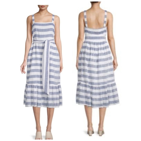 Theodore & Chelsea Blue/White Striped Ruffled Bottom Belted Sundress Sz Medium - Picture 5 of 14